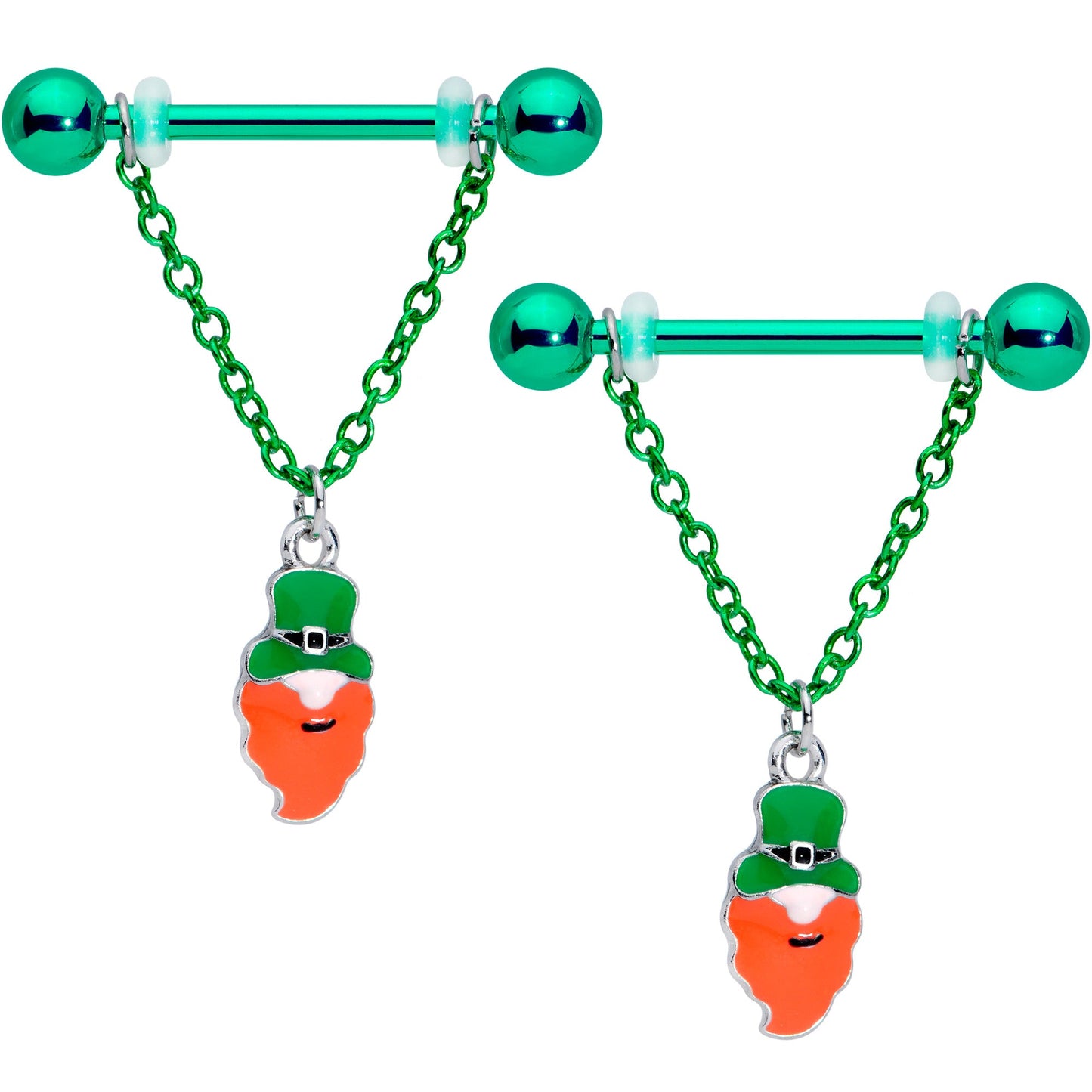 14G 11/16 Leprechaun St Patricks Day Chain Dangle Nipple Ring Set