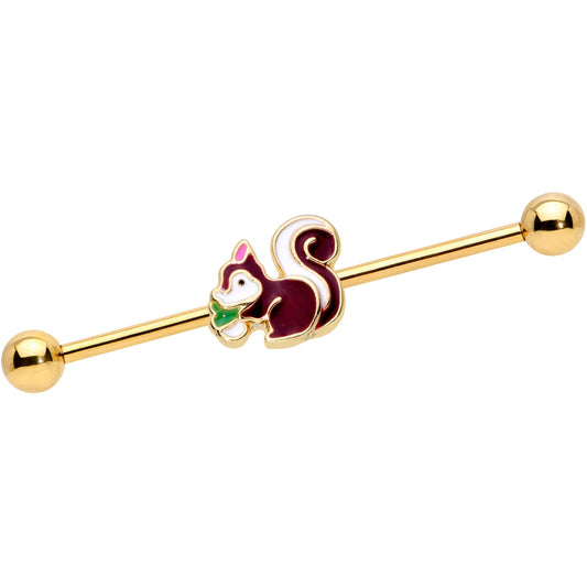 14G Gold Tone Snacking Squirrel Industrial Barbell 38mm