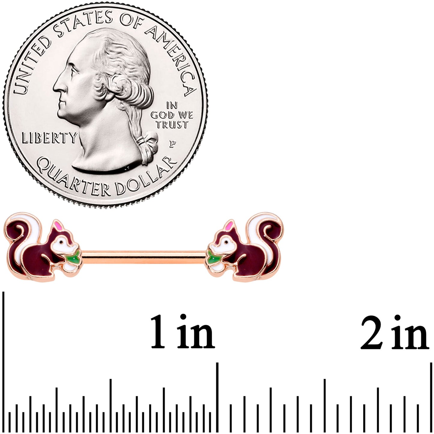 14G 9/16 Rose Gold Tone Snacking Squirrel Barbell Nipple Ring Set