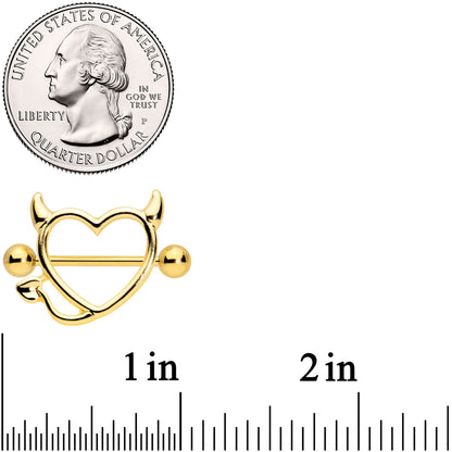 14G 5/8 Gold Tone Devil Heart Valentines Day Nipple Shield Set