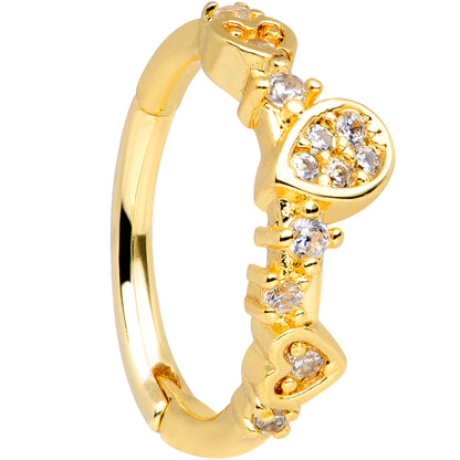 16G 3/8 Clear CZ Gem Gold Tone Tears Hearts Hinged Segment Ring