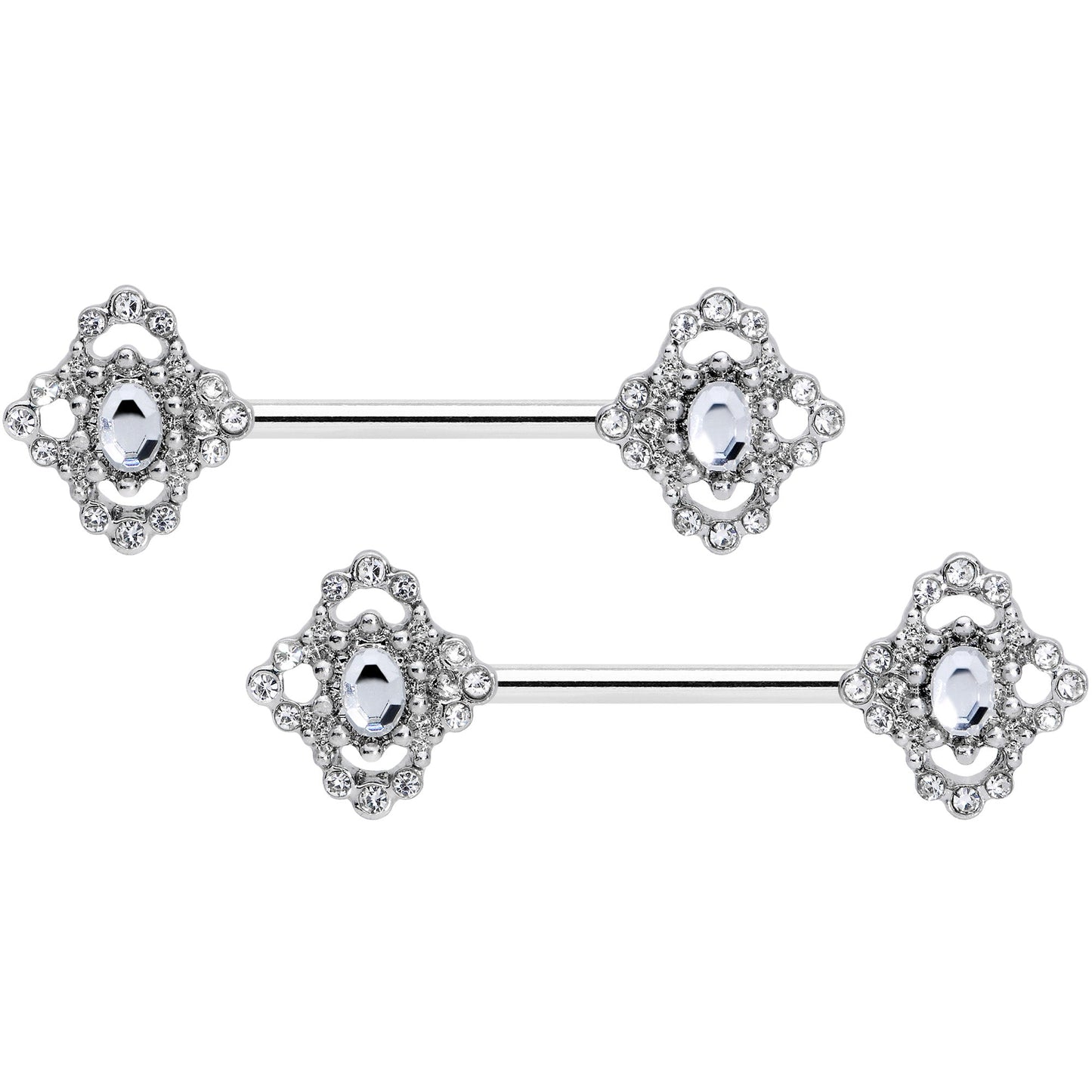 14G 9/16 Clear Gem Baroque Cross Barbell Nipple Ring Set