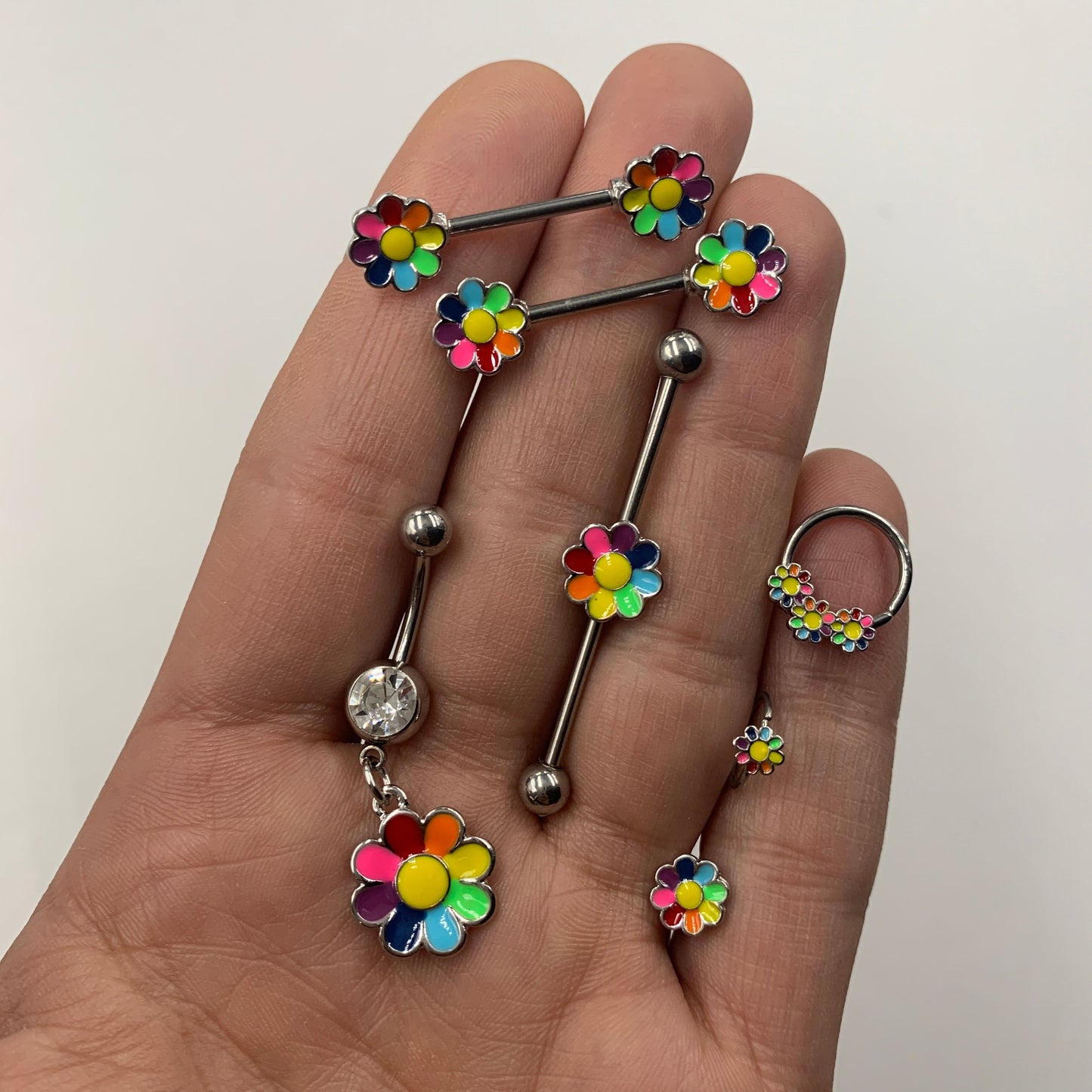 Clear Gem Rainbow Hippie Flower Dangle Belly Ring