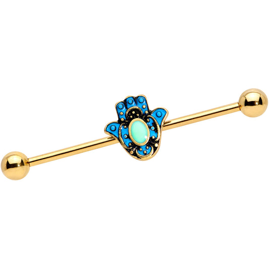 14G Gold Tone Aqua Ornate Hamsa Hand Industrial Barbell 38mm