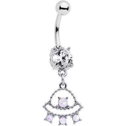 Clear CZ Gem White Faux Opal UFO Dangle Belly Ring