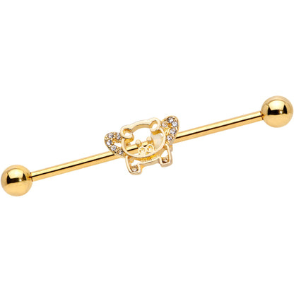 14G Clear Gem Gold Tone Flying Pig Industrial Barbell 38mm