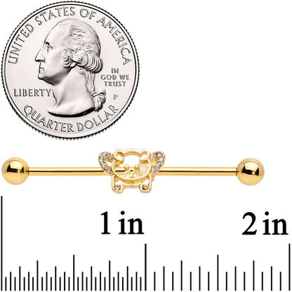 14G Clear Gem Gold Tone Flying Pig Industrial Barbell 38mm