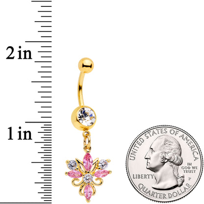Clear Pink CZ Gem Gold Tone Classic Cross Dangle Belly Ring