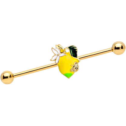 14G Gold Tone Bee Flower Lemon Industrial Barbell 38mm