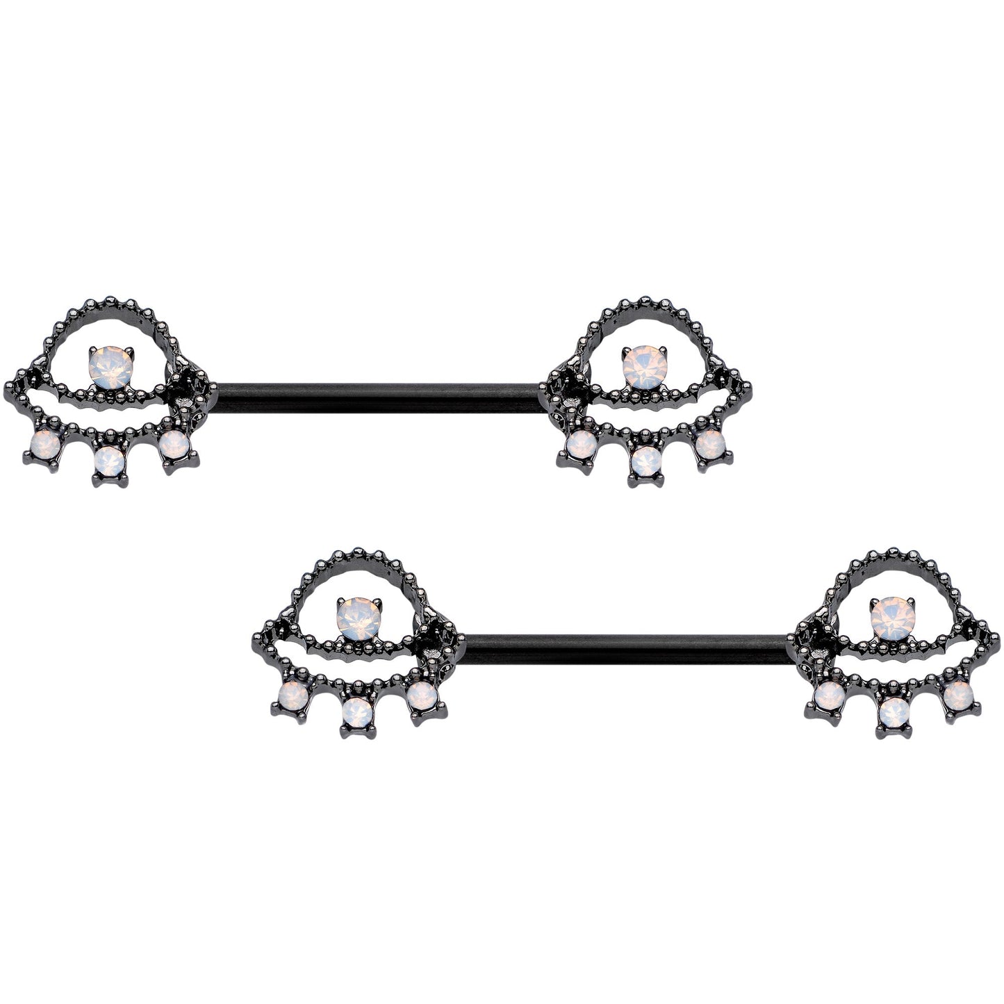14G 9/16 White Faux Opal Black UFO Barbell Nipple Ring Set