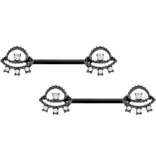 14G 9/16 White Faux Opal Black UFO Barbell Nipple Ring Set