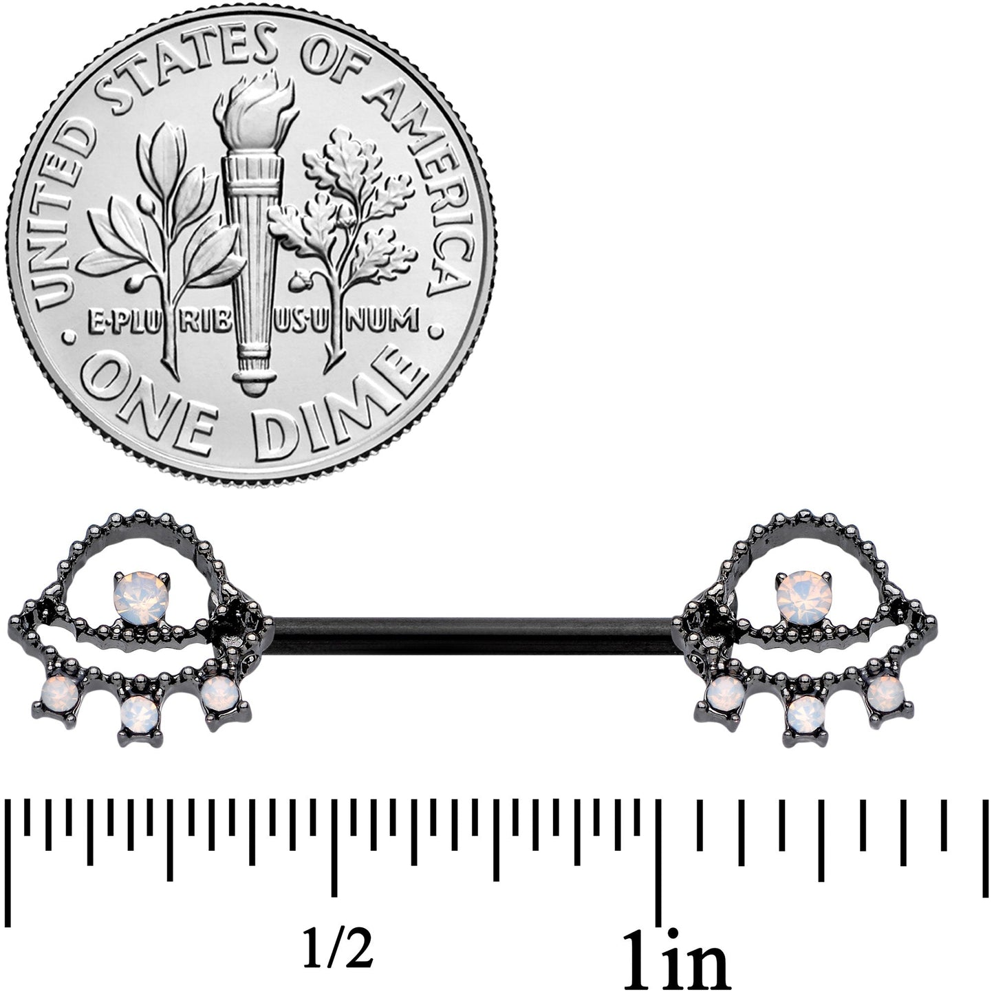 14G 9/16 White Faux Opal Black UFO Barbell Nipple Ring Set