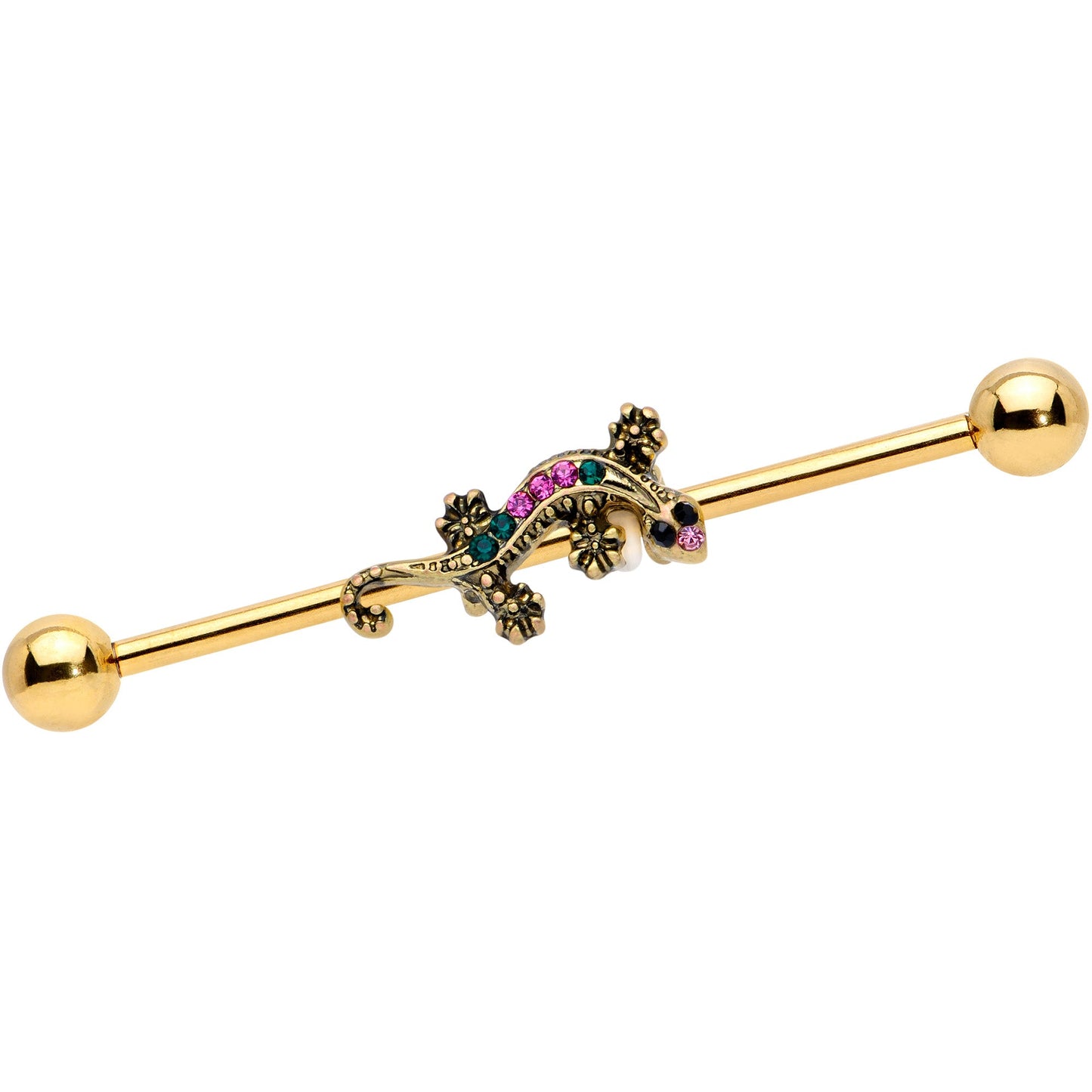 14G Pink Aqua Gem Gold Tone Lizard Industrial Barbell 38mm
