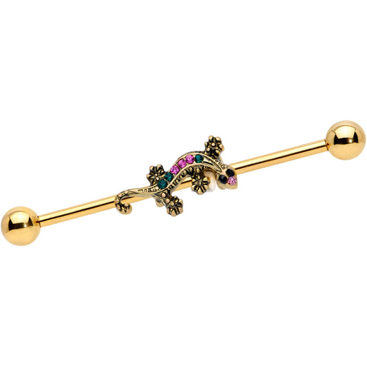 14G Pink Aqua Gem Gold Tone Lizard Industrial Barbell 38mm