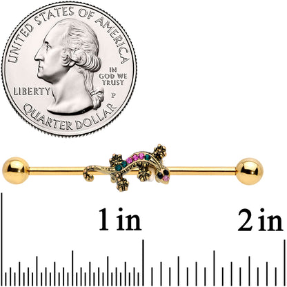 14G Pink Aqua Gem Gold Tone Lizard Industrial Barbell 38mm