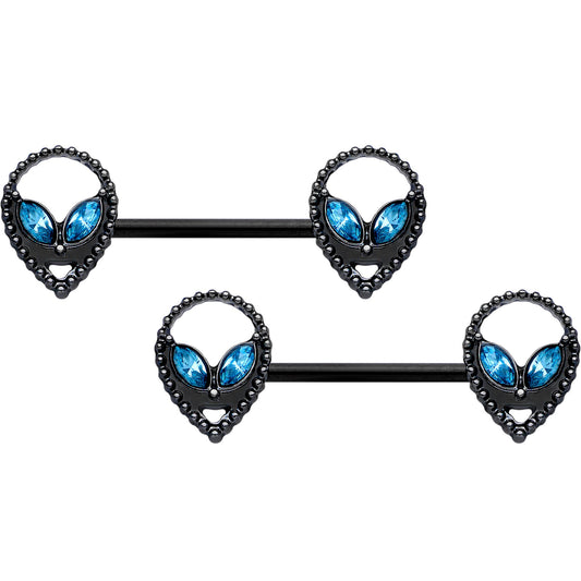 14G 5/8 Aqua Gem Black Hollow Alien Barbell Nipple Ring Set