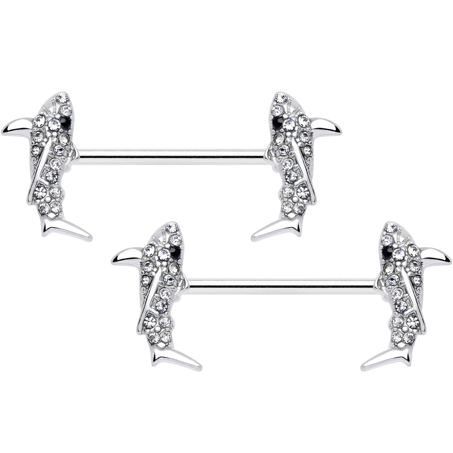 14G 5/8 Clear Black Gem Shark Barbell Nipple Ring Set