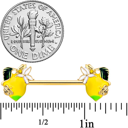 14G 9/16 Gold Tone Lemon Bee Barbell Nipple Ring Set