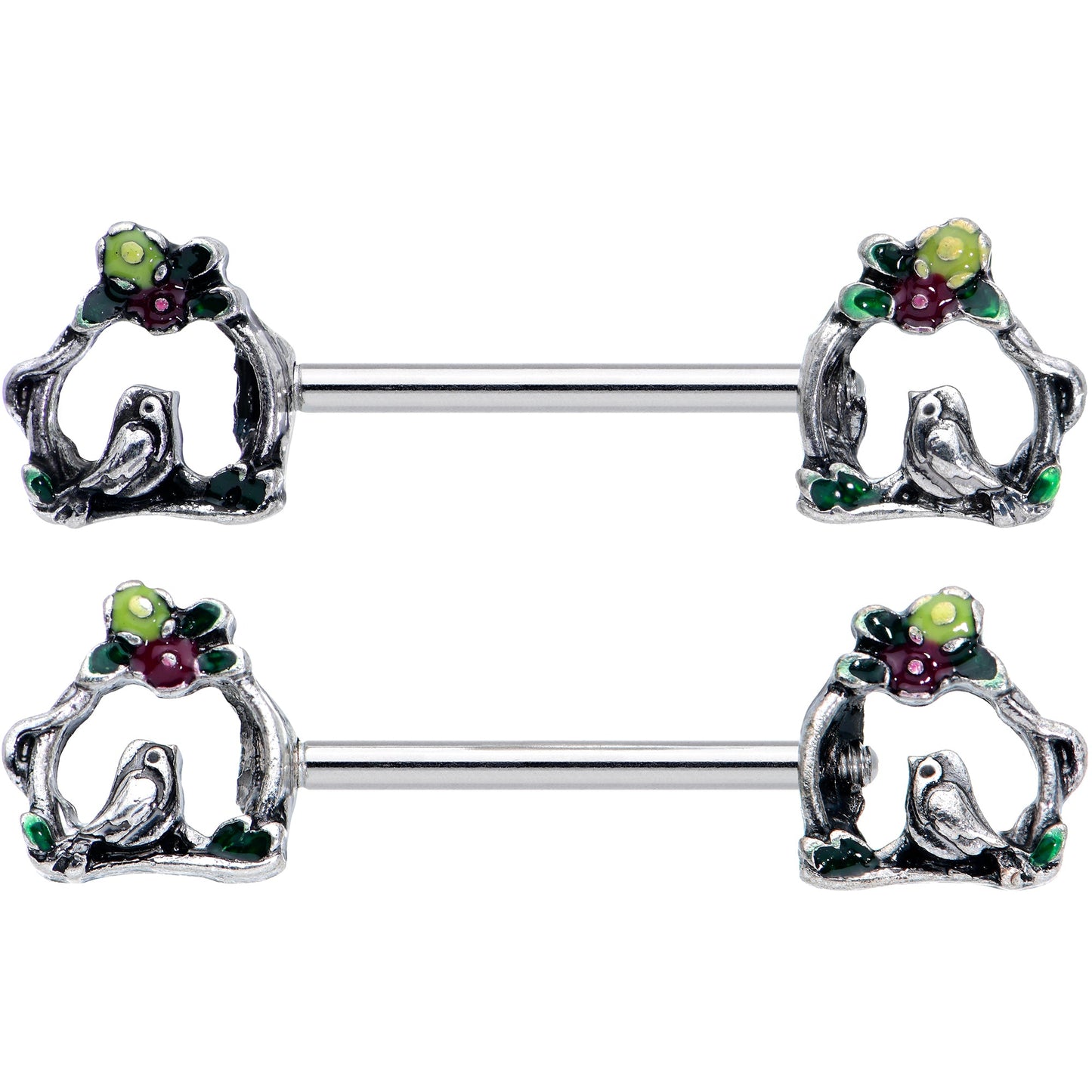 14G 9/16 Purple Yellow Flower Swing Bird Barbell Nipple Ring Set