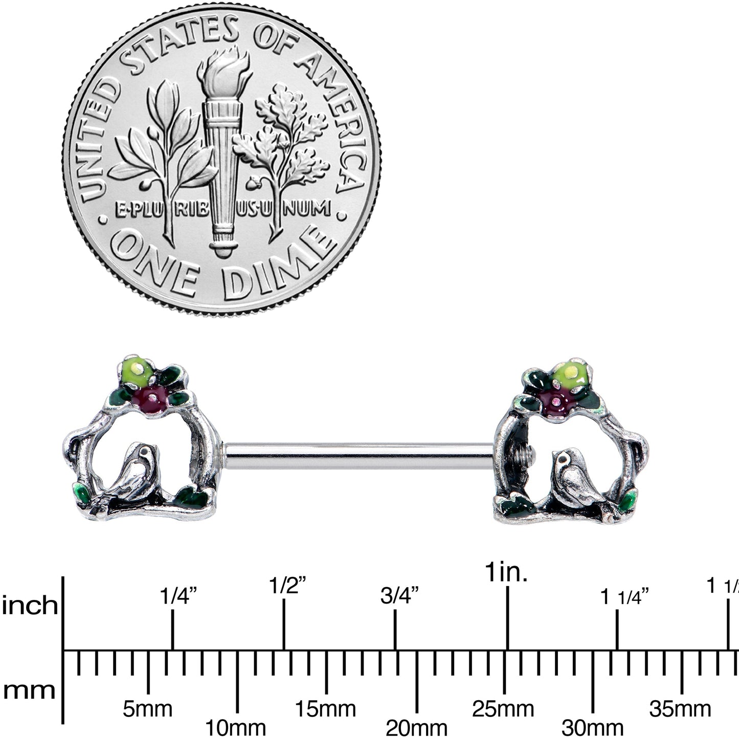 14G 9/16 Purple Yellow Flower Swing Bird Barbell Nipple Ring Set