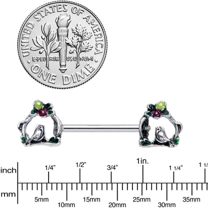 14G 9/16 Purple Yellow Flower Swing Bird Barbell Nipple Ring Set