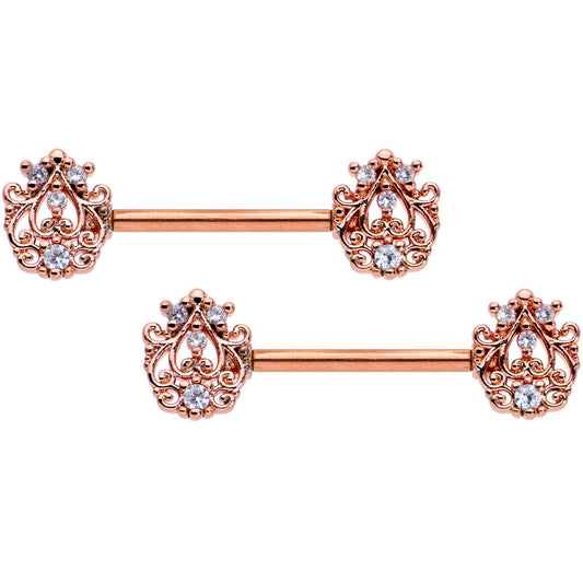 14G 9/16 Clear CZ Gem Rose Gold Tone Elegant Nipple Ring Set