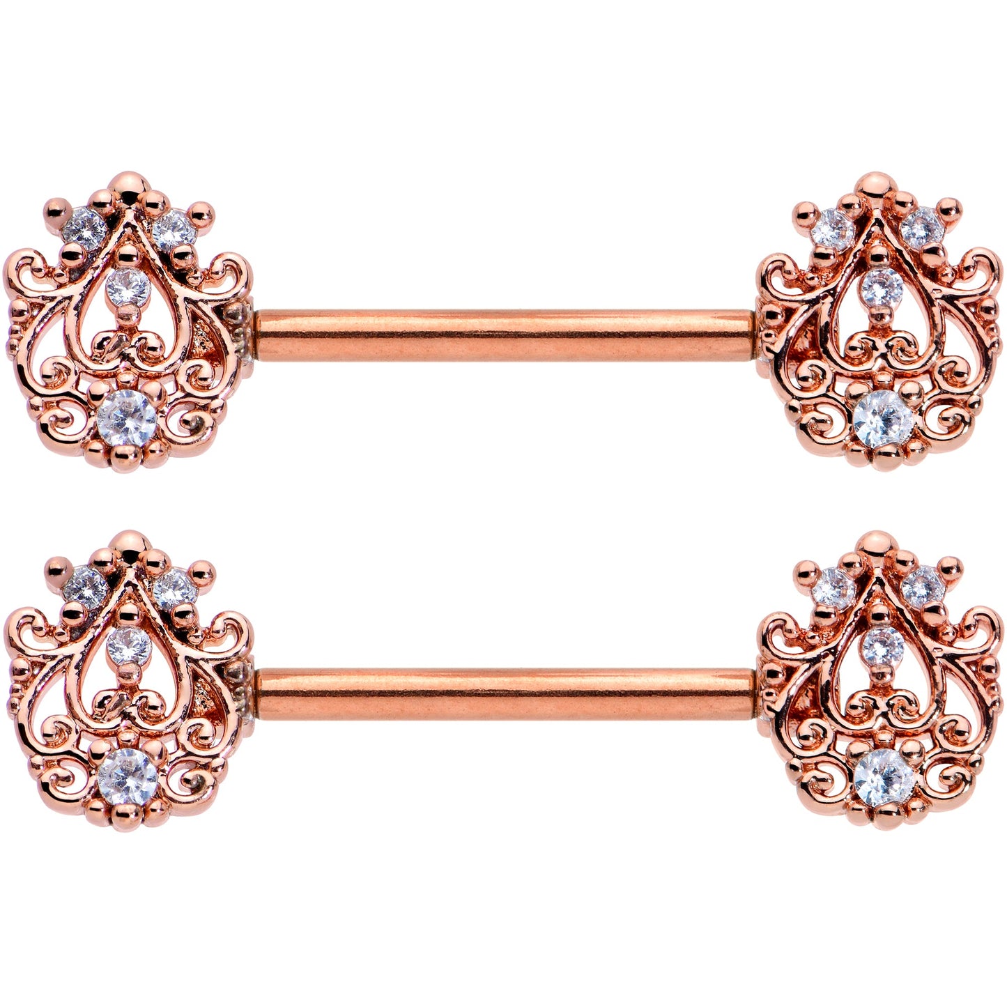 14G 9/16 Clear CZ Gem Rose Gold Tone Elegant Nipple Ring Set