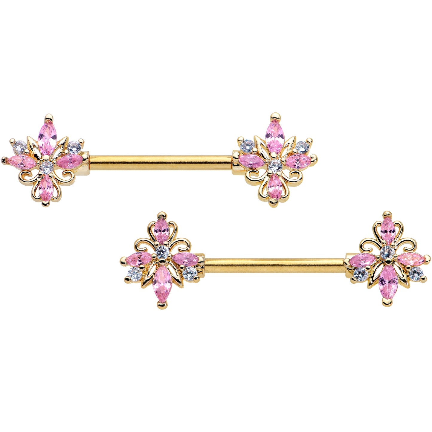 14G 9/16 Pink CZ Gem Gold Tone Pretty Barbell Nipple Ring Set