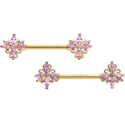 14G 9/16 Pink CZ Gem Gold Tone Pretty Barbell Nipple Ring Set