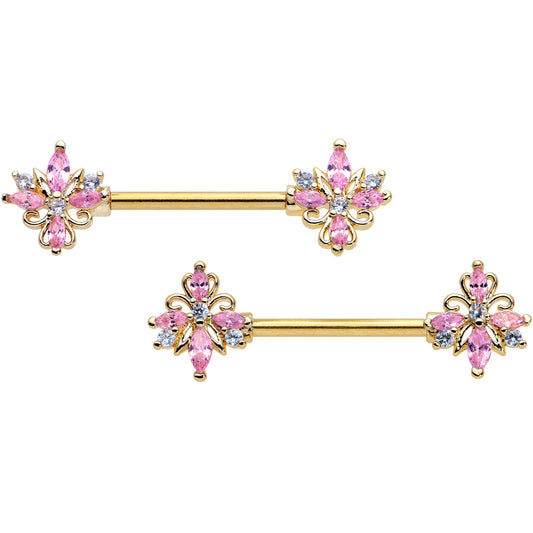 14G 9/16 Pink CZ Gem Gold Tone Pretty Barbell Nipple Ring Set