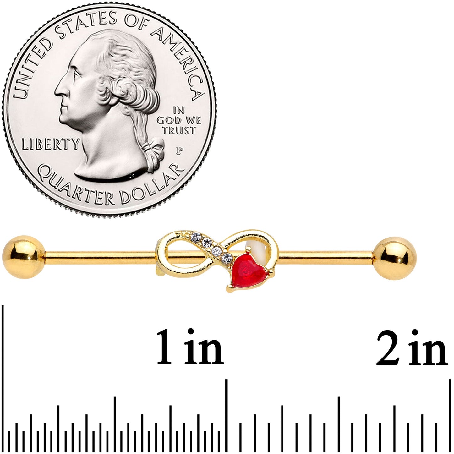 14G Clear Red Gem Gold Tone Treble Clef Industrial Barbell 38mm