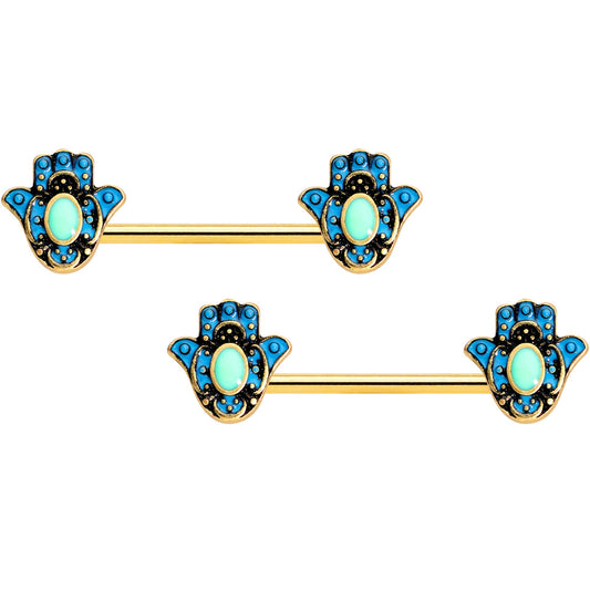 14G 9/16 Gold Tone Aqua Ornate Hamsa Hand Barbell Nipple Ring Set