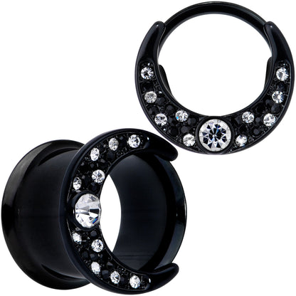 Clear Gem Black Crescent Moon Double Flare Tunnel Plug Set