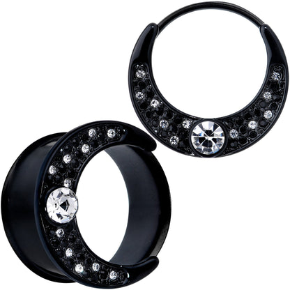 Clear Gem Black Crescent Moon Double Flare Tunnel Plug Set