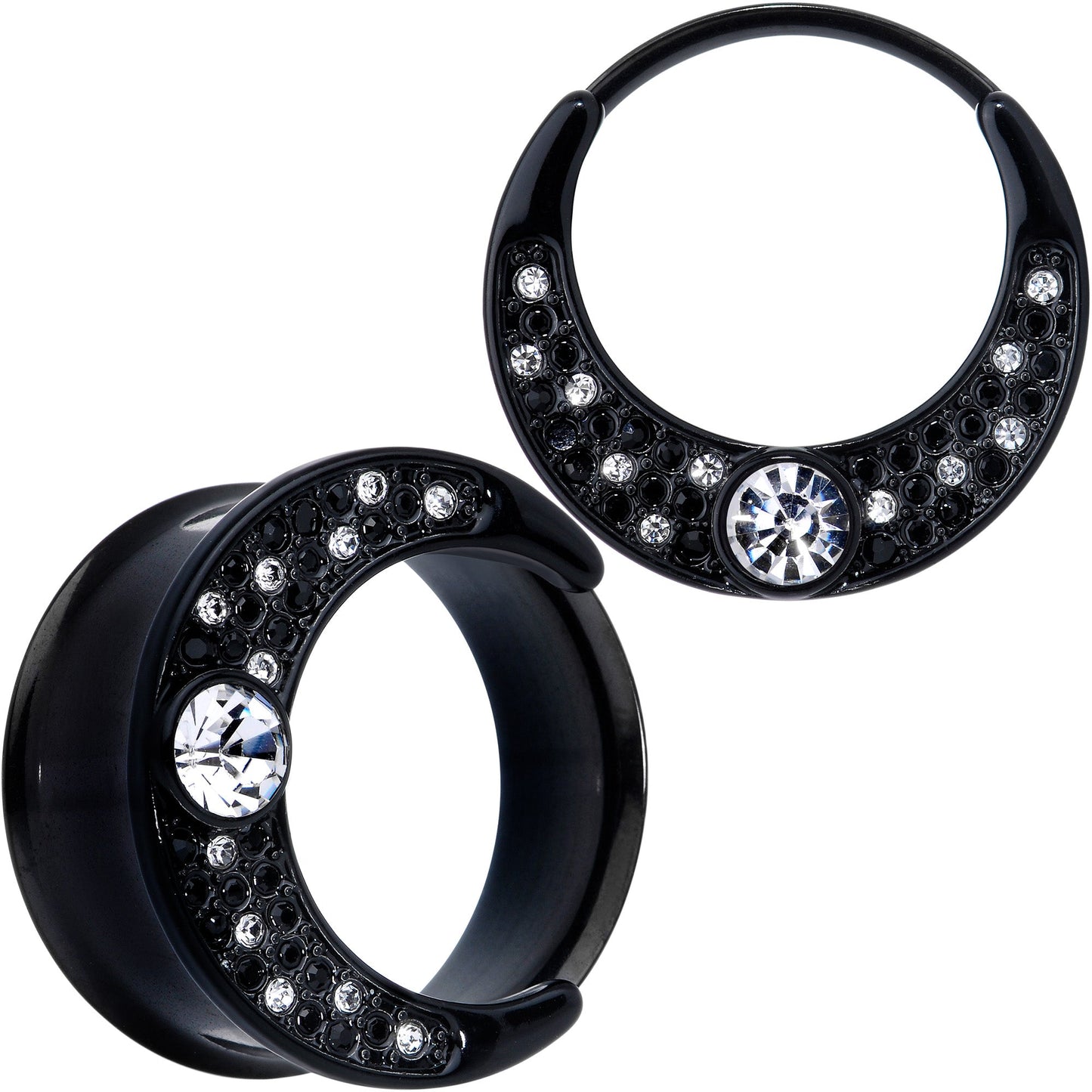 Clear Gem Black Crescent Moon Double Flare Tunnel Plug Set