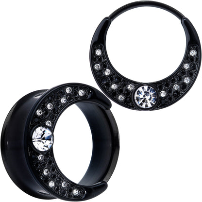 Clear Gem Black Crescent Moon Double Flare Tunnel Plug Set