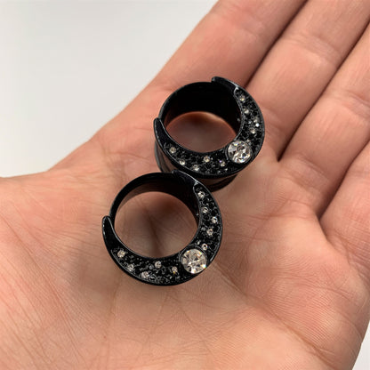 Clear Gem Black Crescent Moon Double Flare Tunnel Plug Set