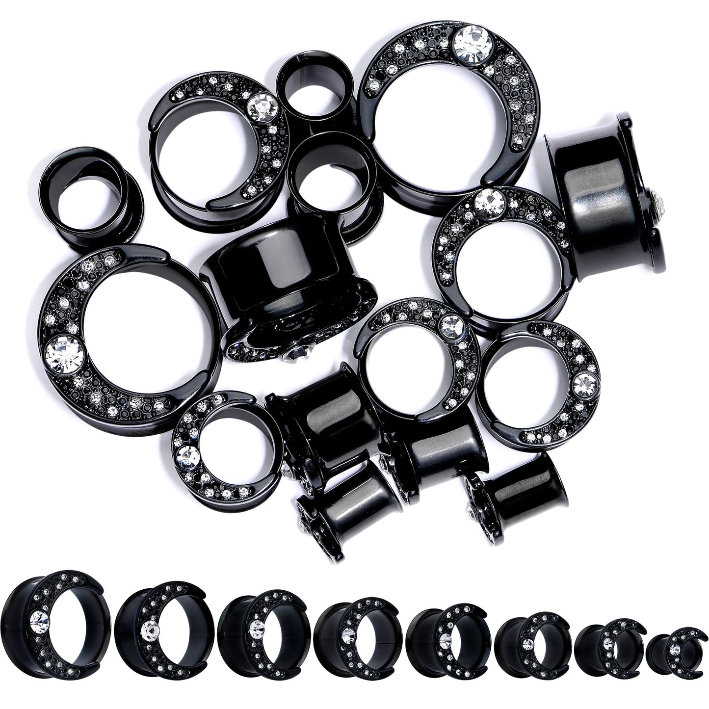 Clear Gem Black Crescent Moon Double Flare Tunnel Plug Set