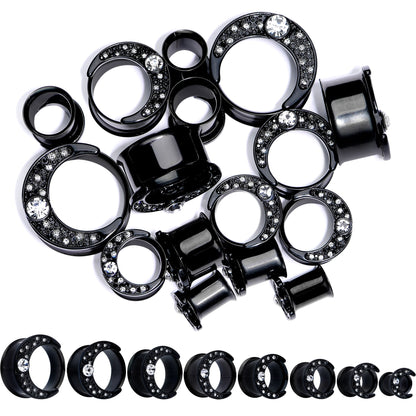 Clear Gem Black Crescent Moon Double Flare Tunnel Plug Set