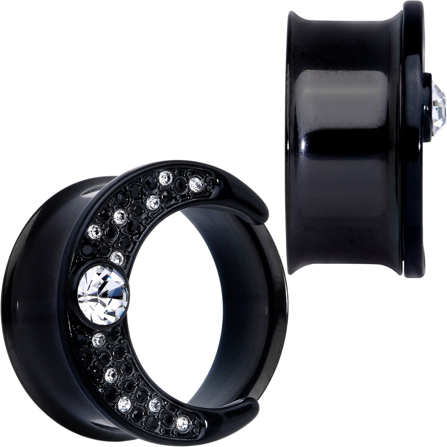 Clear Gem Black Crescent Moon Double Flare Tunnel Plug Set