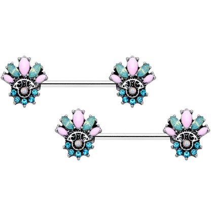 14G 9/16 Blue Green Pink Gem Fan Barbell Nipple Ring Set