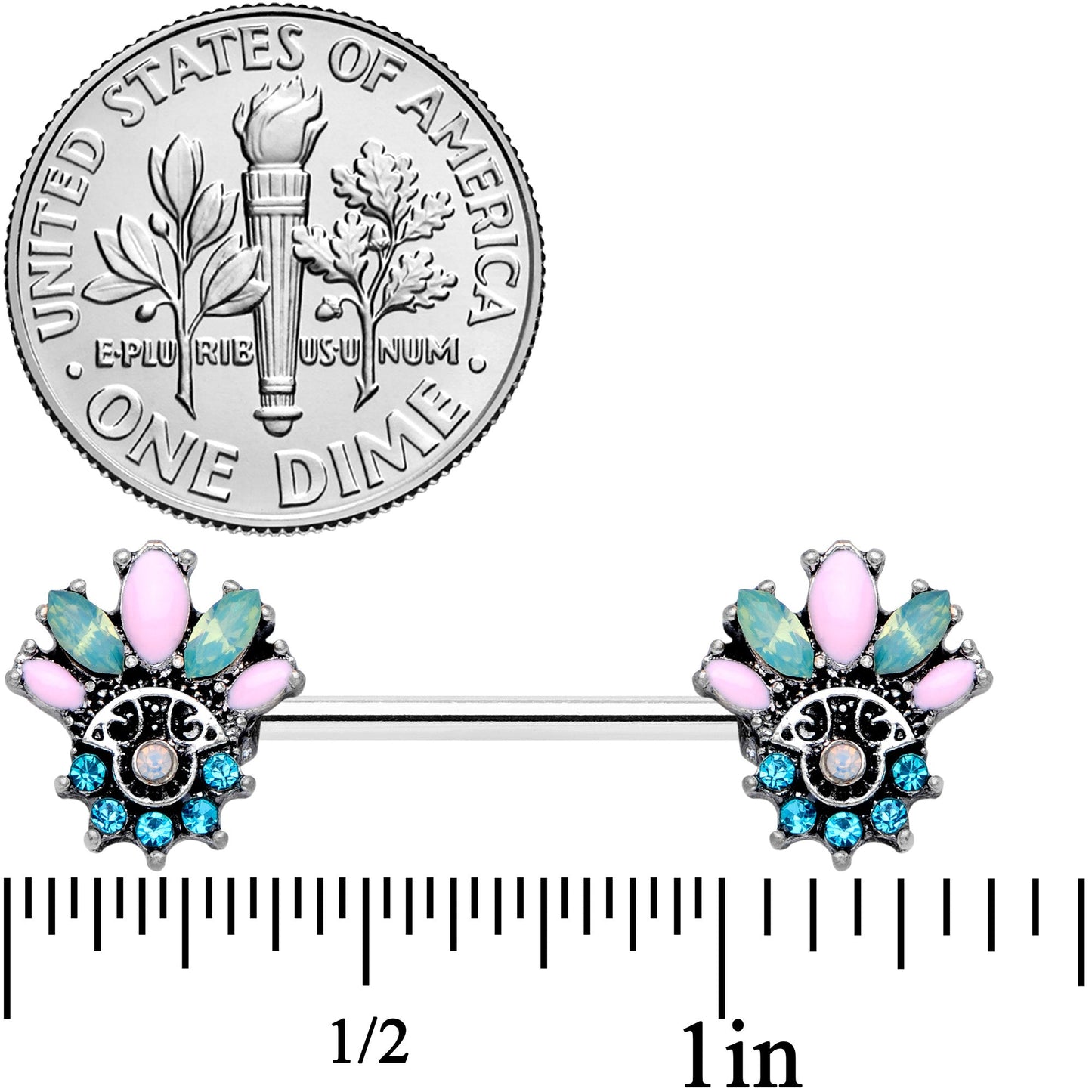 14G 9/16 Blue Green Pink Gem Fan Barbell Nipple Ring Set