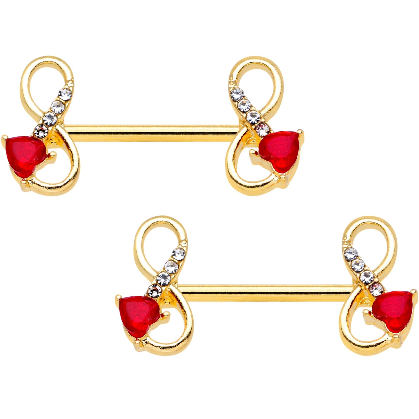 14G 9/16 Clear Red Gem Gold Tone Treble Clef Barbell Nipple Ring Set