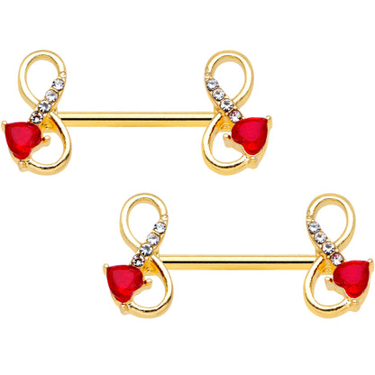 14G 9/16 Clear Red Gem Gold Tone Treble Clef Barbell Nipple Ring Set
