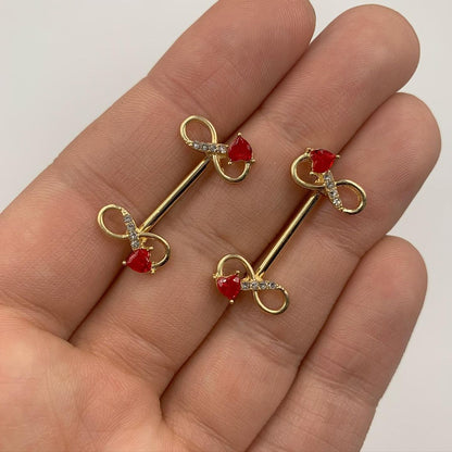 14G 9/16 Clear Red Gem Gold Tone Treble Clef Barbell Nipple Ring Set