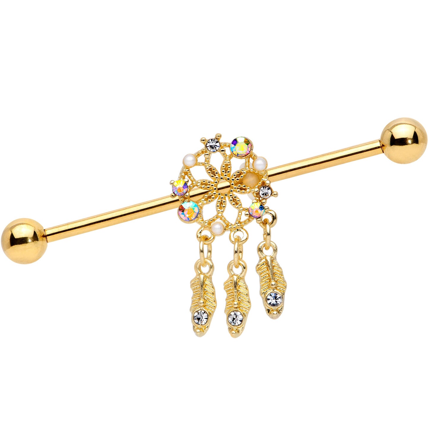 14G Aurora CZ Gem Gold Tone Dreamcatcher Industrial Barbell 38mm