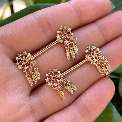 14G 5/8 Aurora CZ Gem Gold Tone Dreamcatcher Barbell Nipple Ring Set