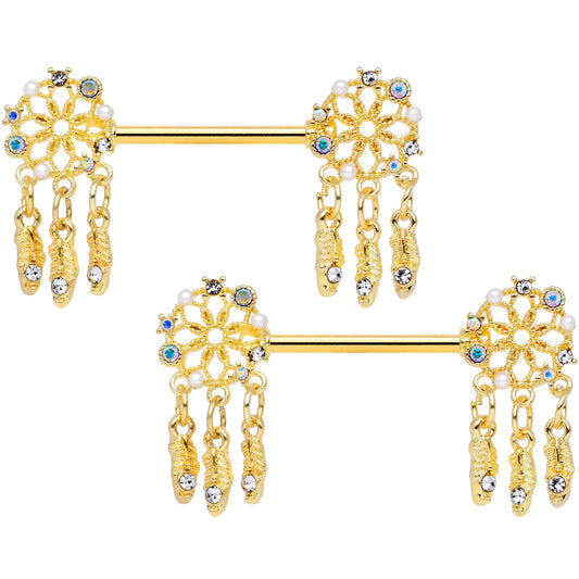 14G 5/8 Aurora CZ Gem Gold Tone Dreamcatcher Barbell Nipple Ring Set