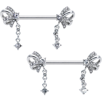 14G 9/16 Clear Gem Looping Bow Dangle Barbell Nipple Ring Set