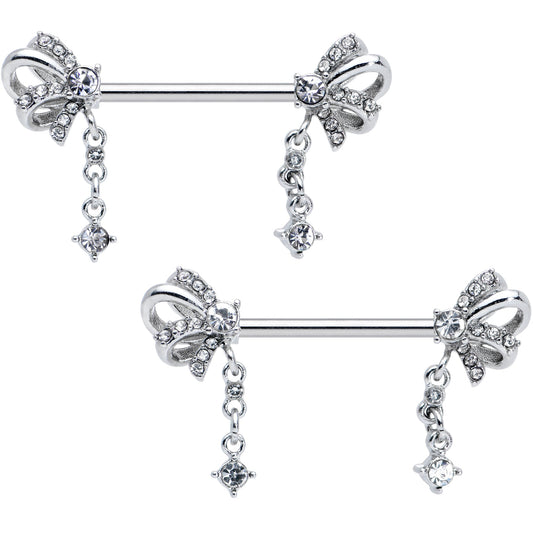 14G 9/16 Clear Gem Looping Bow Dangle Barbell Nipple Ring Set